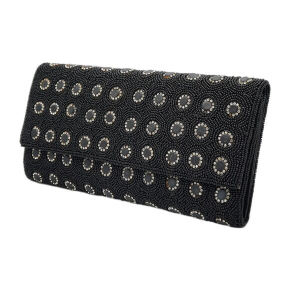 Deepa Gurnani Pattern Handmade Bead/Crystal Evening Bag Clutch Black NEW FLAWS - Picture 2 of 15